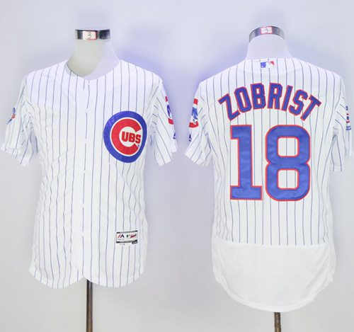Cubs #18 Ben Zobrist White Flexbase Authentic Collection with 100 Years at Wrigley Field Commemorative Patch Stitched MLB Jersey - Click Image to Close